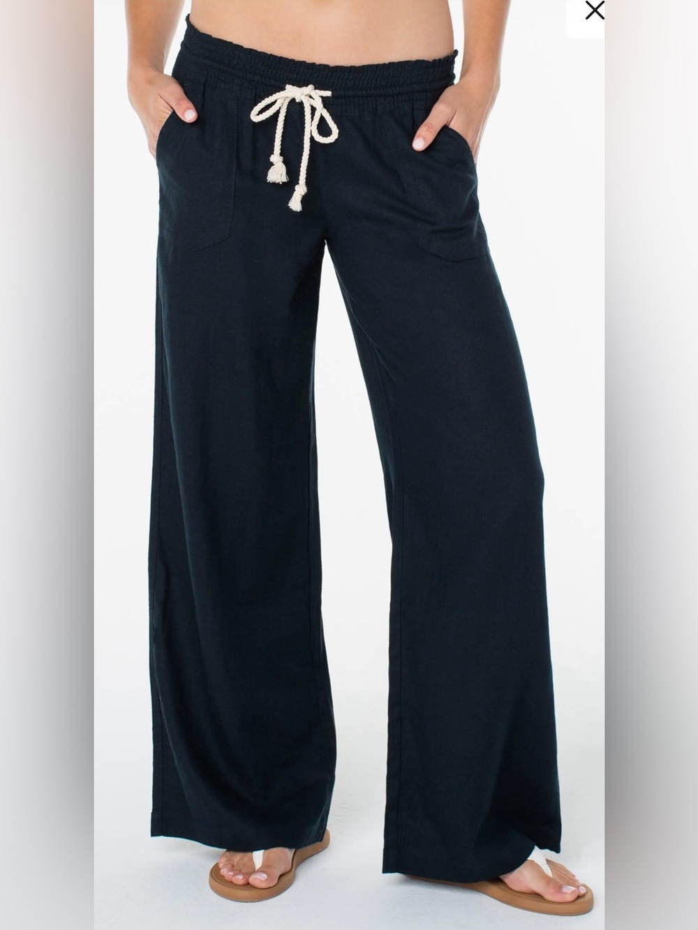 NWT Roxy Oceanside Pants Linen Blend Wide Leg Pants Drawstring Waist Dk Navy XL
